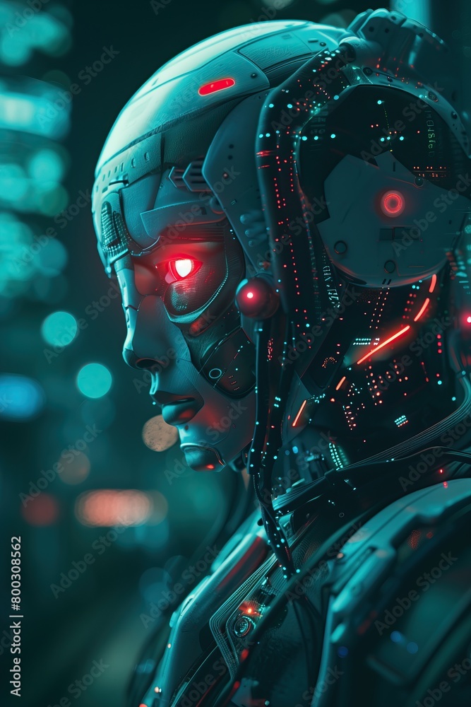 A cyber character with glowing red eyes and a helmet, AI humanoid A cyber character with glowing red eyes and a helmet, AI humanoid