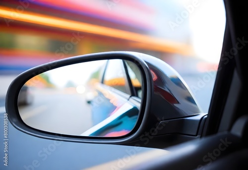 A side view mirror of a car with a blurred, colorful background, suggesting high speed motion