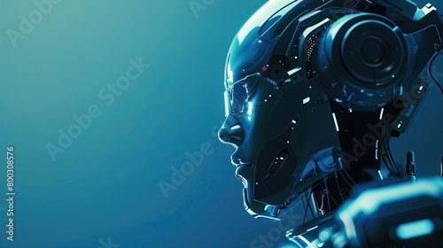 modern ai closeup of highly detailed futuristic robot head in profile against blue background