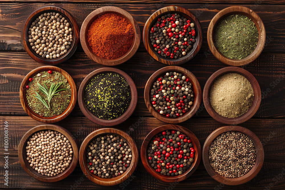 assortment of differrent spices in little bowls over table background