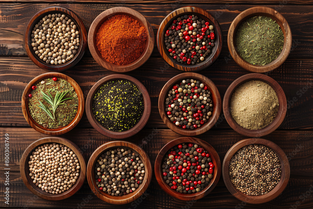 assortment of differrent spices in little bowls over table background assortment of differrent spices in little bowls over table background