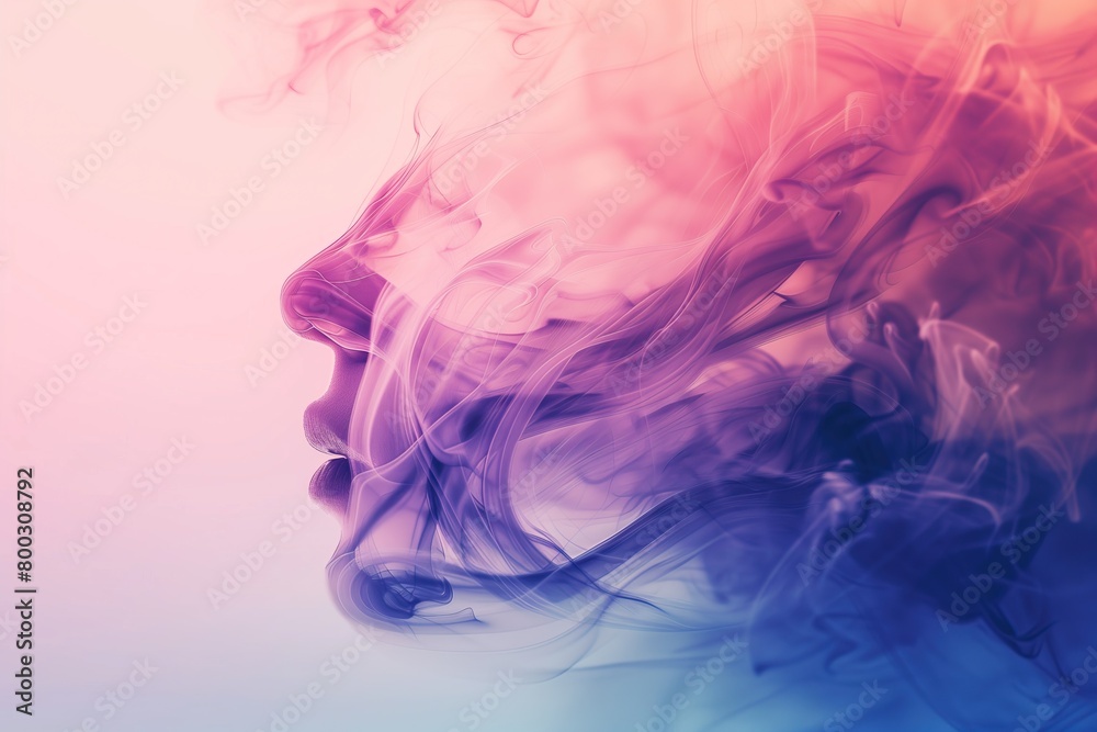 female side face in colorful smoke swirls against a gradient pink and blue background