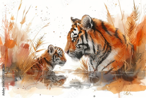 Happy Mother's Day. Cute mother and baby tiger together. Watercolor Vector illustration.