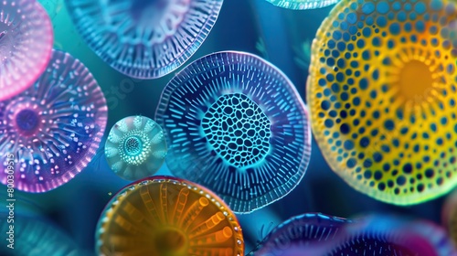 A vibrant collection of circular patterned structures resembling diatoms microscopic organisms photo