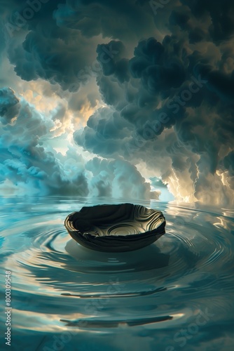 surreal scene of dark clamshell floating on calm water under dramatic sky vertical photo layout photo