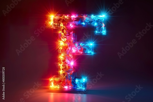 Letter F - colorful glowing outline alphabet symbol on blue lens flare isolated white background background