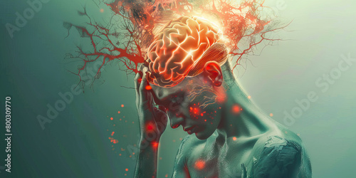 Encephalitis: The Brain Inflammation and Confusion - Imagine a person with a swollen, inflamed brain, holding their head in confusion, with inflammation markers around the brain