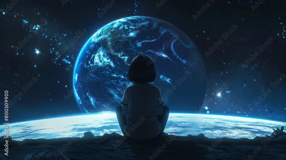 anime style girl sitting in front of earth in space anime style girl sitting in front of earth in space