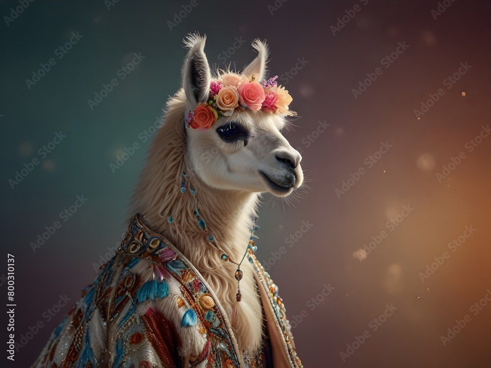 Fototapeta premium A deer in a shimmering couture jacket with beadwork, posed against a bright background. The image includes space for ads or invitations, generative AI