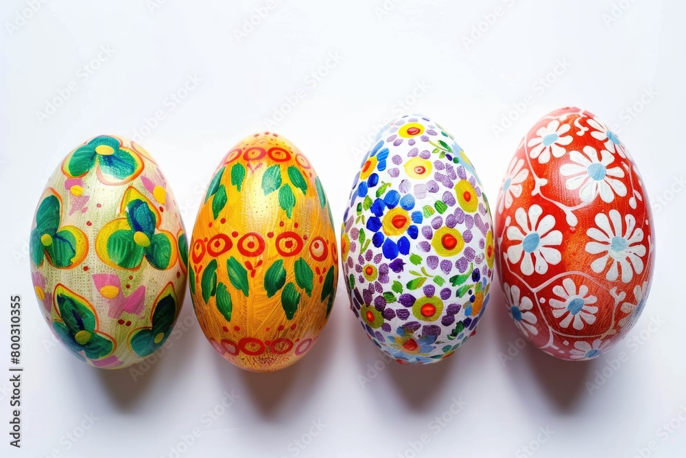 Four colorful painted eggs arranged in a neat row on a white background Four colorful painted eggs arranged in a neat row on a white background