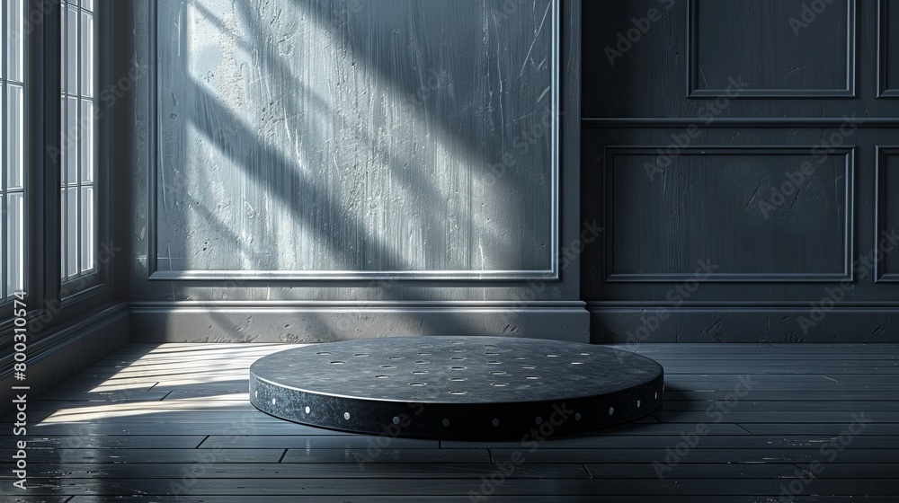 Fototapeta premium Black podium on the marble floor with dark wall background.