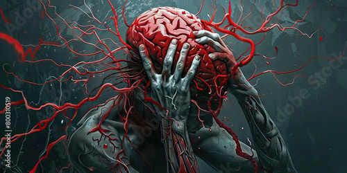 Brain Aneurysm: The Sudden, Severe Headache and Nausea - Visualize a person clutching their head with a look of agony, with a balloon-like bulge in a brain artery, indicating the sudden