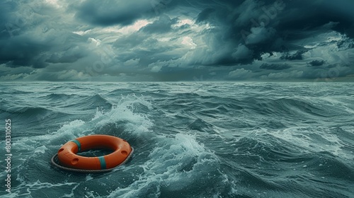 Lifebuoy floating on sea in storm weather generative ai