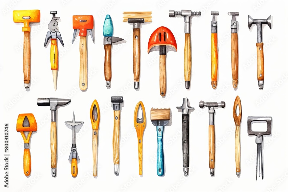 A watercolor painting of a variety of old hand tools. A watercolor painting of a variety of old hand tools.