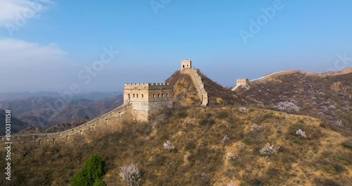 Jinshanling Section Of Great Wall Of China On Mountainous Landscape Near Beijing. orbiting drone shot photo