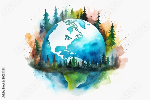 A watercolor painting of the Earth surrounded by lush forests