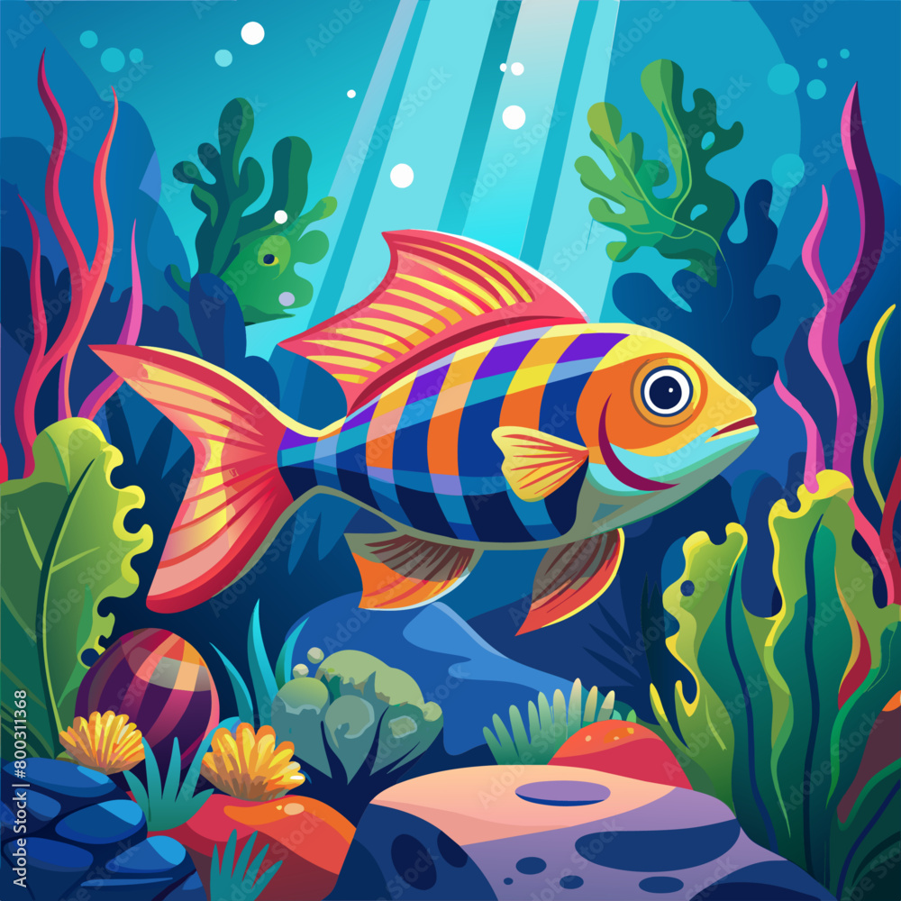 Naklejka premium fish in the water, Group of neon tetra fish, glinting under studio lighting, acrylic painting, vibrant color, against a dark aquatic background, mid-angle shot