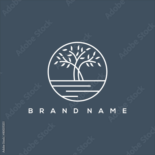 Summer art line icon logo with circle tree and lake