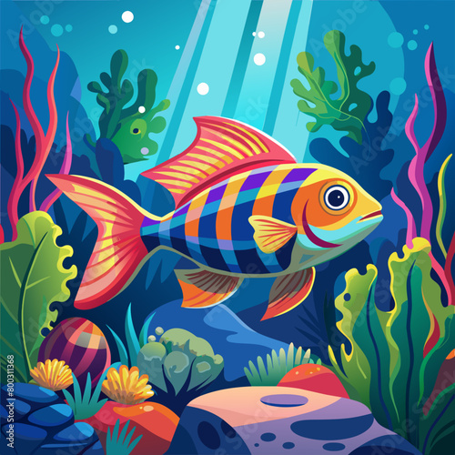 fish in the water, Group of neon tetra fish, glinting under studio lighting, acrylic painting, vibrant color, against a dark aquatic background, mid-angle shot