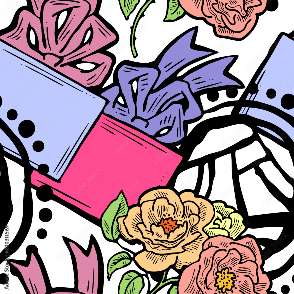 Gift box, ribbon and flowers seamless vector pattern for wrapping present with bow, party celebration, sale promotion, Textile print, fabric design, banner background. Hand drawn style illustration. Gift box, ribbon and flowers seamless vector pattern for wrapping present with bow, party celebration, sale promotion, Textile print, fabric design, banner background. Hand drawn style illustration.