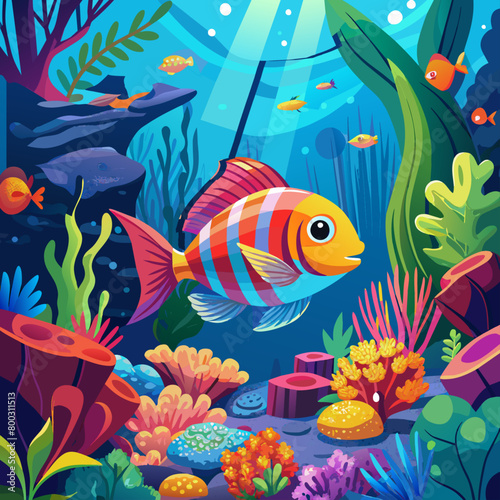fish and coral reef, fish in the water, Group of neon tetra fish, glinting under studio lighting, acrylic painting, vibrant color, against a dark aquatic background, mid-angle shot