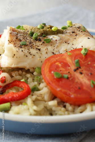 Herbaceous Jasmine Rice and Cod with Genovese Pesto, Roasted Peppers and Tomato