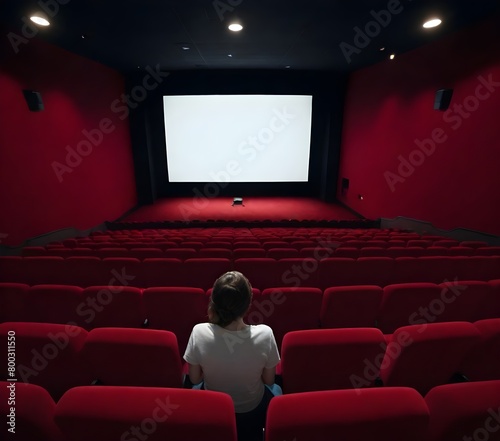 A person sitting alone in a movie theater, with a large white screen in front of them