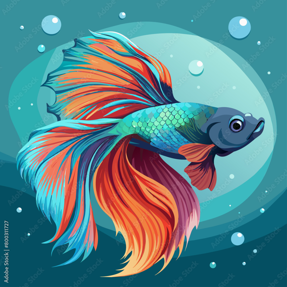 Fototapeta premium Colorful betta fish, displaying long flowing fins, photo, with muted color tone, cool lighting, blurry background, close-up shot, surrounded by small bubbles