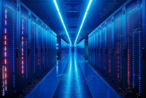 A futuristic-looking data center aisle with glowing blue and red LED lights on server racks. photo