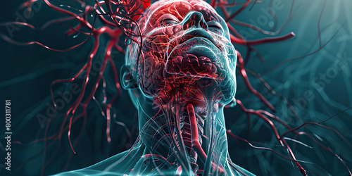 Subarachnoid Hemorrhage: The Sudden Severe Headache and Neck Stiffness - Picture a person experiencing a sudden, severe headache, with highlighted blood vessels in the brain photo