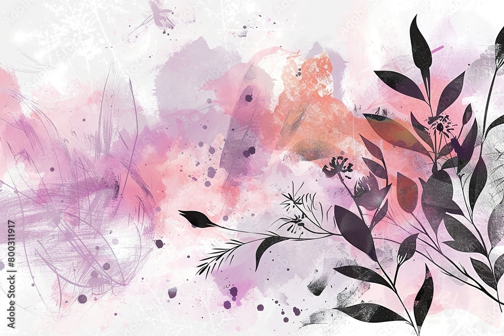 minimalistic design Watercolor flowers, leaves, scribbles, rough brush strokes, textures background
