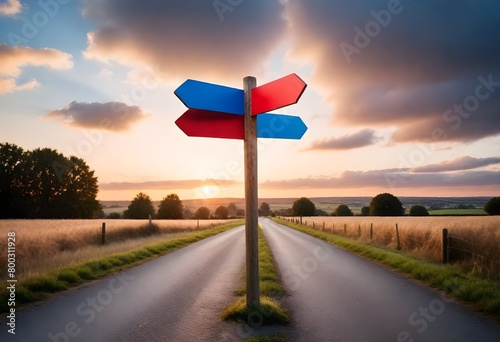 A wooden signpost with red and blue arrows pointing in different directions on a rural road at sunset, with a cloudy sky in the background