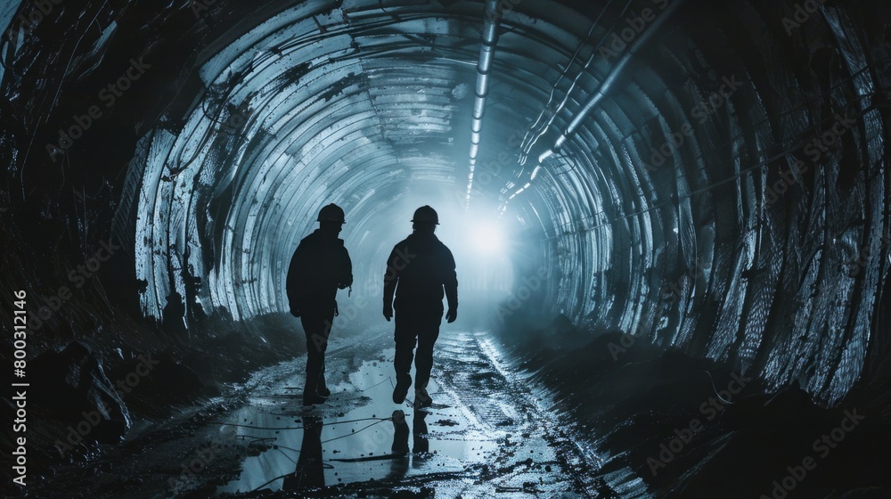 Miners with helmets walking in an underground tunnel generative ai Miners with helmets walking in an underground tunnel generative ai