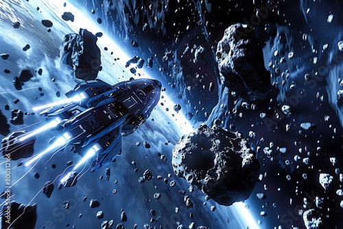 A holographic simulation of a spacecraft navigating an asteroid field.