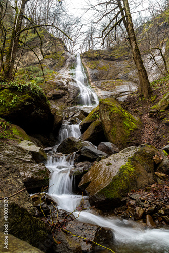A waterfall flowing in the forest in spring