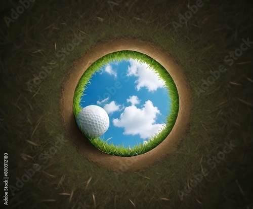 A white golf ball in a circular hole with green grass and a blue sky with clouds visible through the hole