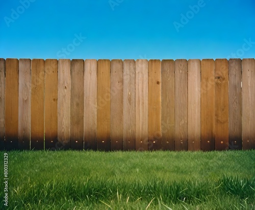 A wooden fence with vertical planks against a clear blue sky  with a lush green grass lawn in the foreground