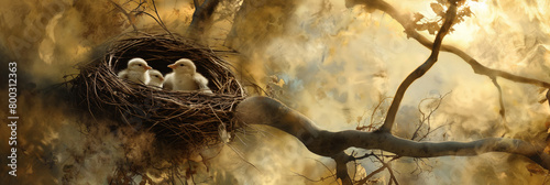 Touching scene of newborn birds nestled in a nest perched on a tree branch in a golden forest photo