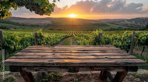 An empty wooden table for product display. Blurred vineyard in the background