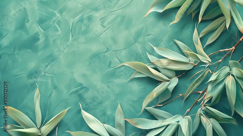 Bamboo leaf pattern  seamless design  tranquil jade background  perfect for a spa and relaxation magazine cover  from above