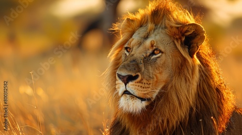 Male lion head profile with evening sunlight. Wildlife photography in natural habitat