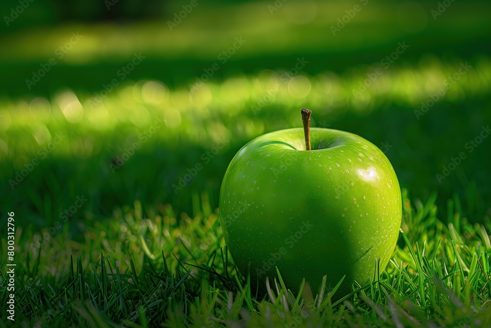 vibrant fresh ripe green apple resting on lush grass with sunlight filtering through vibrant fresh ripe green apple resting on lush grass with sunlight filtering through