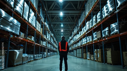 Worker in a warehouse with reflective safety vest standing in an aisle.