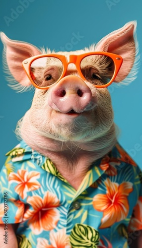 Trendy pig donning orange sunglasses and colorful hawaiian shirt for a playful look