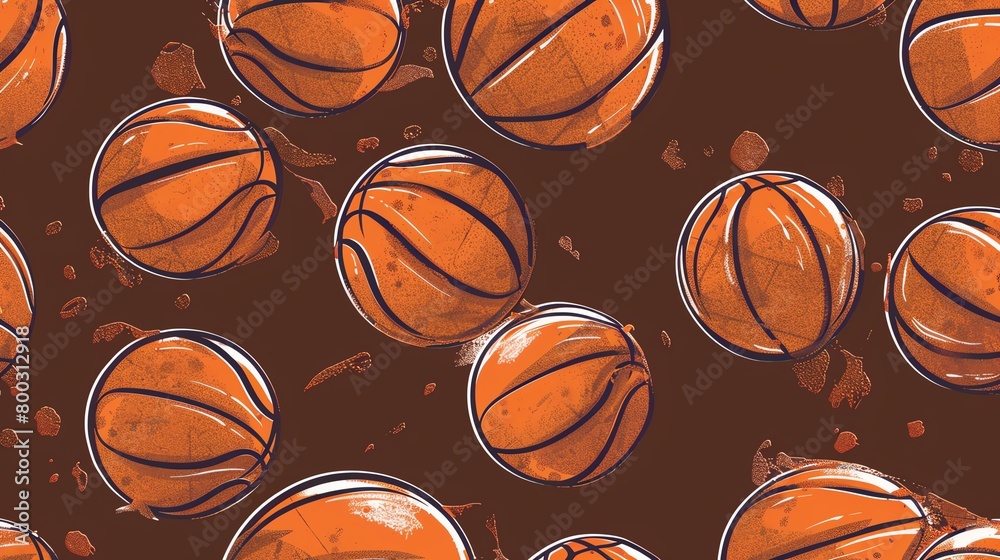 Basketball pattern, seamless vector style, hardwood brown background, perfect for a basketball fan magazine cover, from below