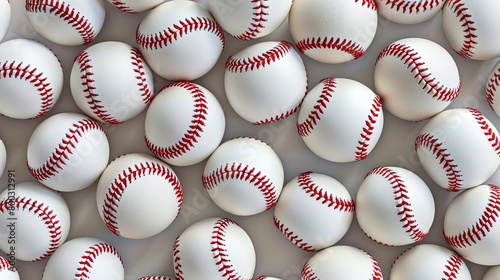 Baseballs in a seamless design, classic red stitch on white, suited for a baseball magazine cover, eyelevel view photo
