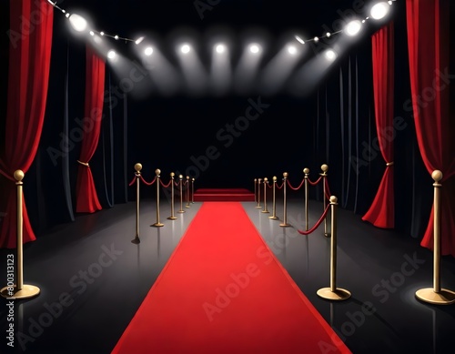 A red carpet leading to a stage with spotlights illuminating the path, surrounded by black curtains and lighting fixtures