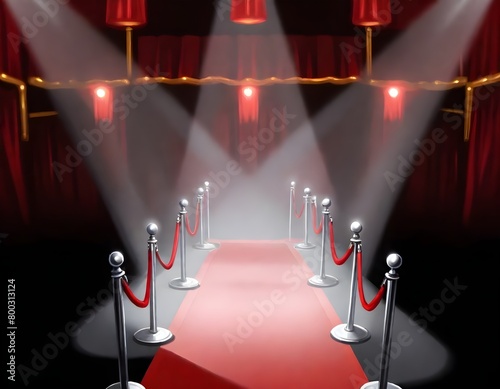 A red carpet leading to a stage with spotlights illuminating the path, surrounded by black curtains and lighting fixtures