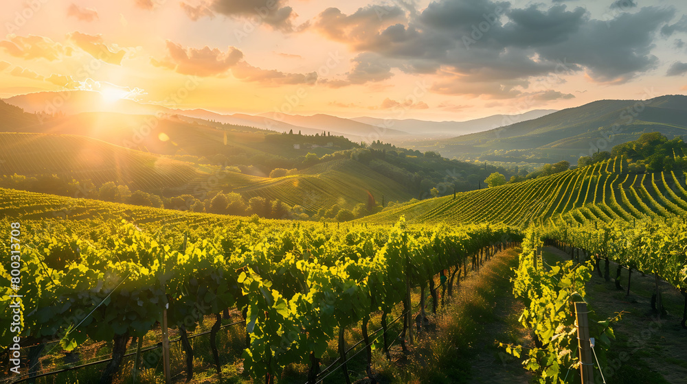 Fototapeta premium Panoramic view of beautiful vineyard landscape growing in rows for wine production with peaceful and serene