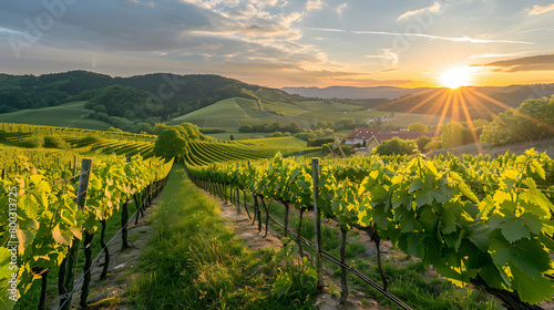 Panoramic view of beautiful vineyard landscape growing in rows for wine production with peaceful and serene
